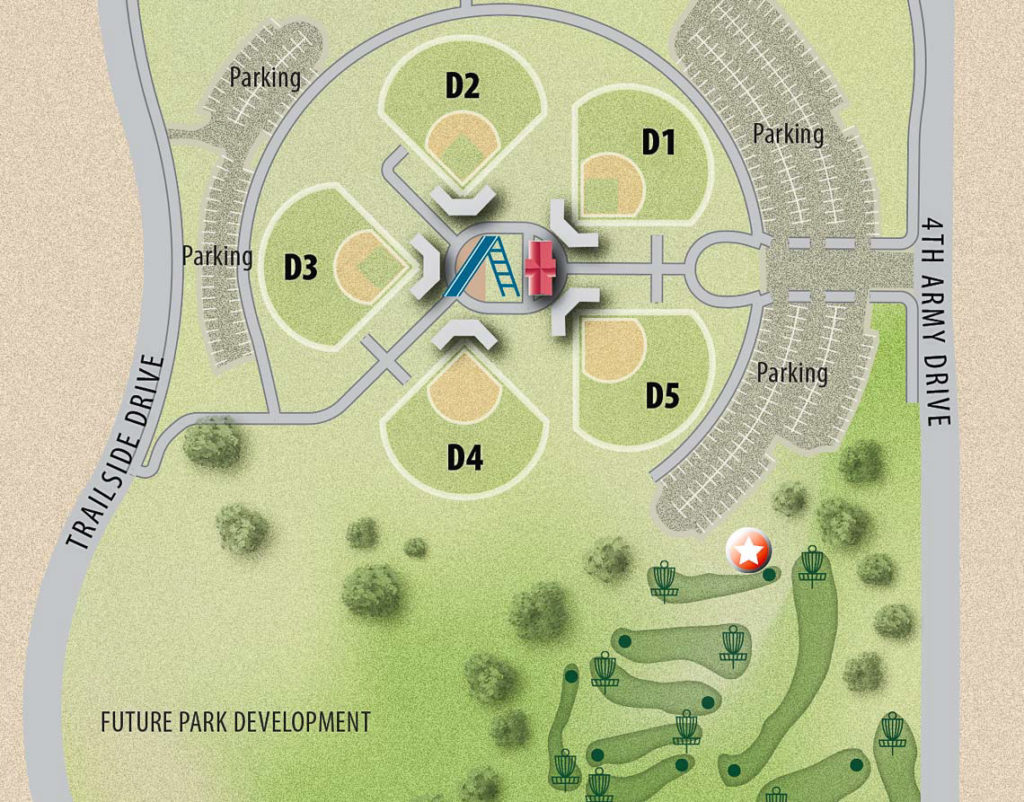 B.F. Phillips detail showing baseball diamonds, parking, and disc golf course