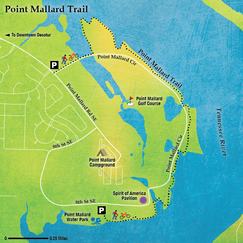 Artistic map of Point Mallard Trail in Decatur, Alabama