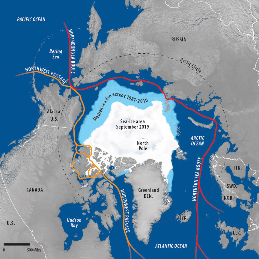 Arctic sea-ice map with terrain image and painted ice for USCC report