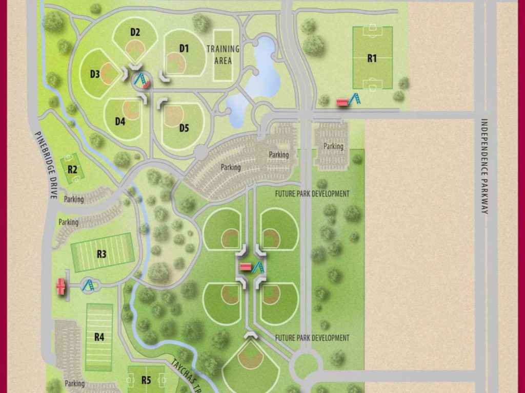 Parks map showing recreation amenities like ball fields, tennis courts and playgrounds