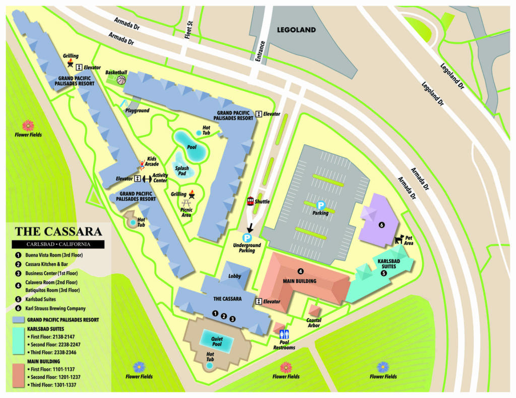 Map of The Cassara Hotel, adjacent to Legoland in Carlsbad, California.