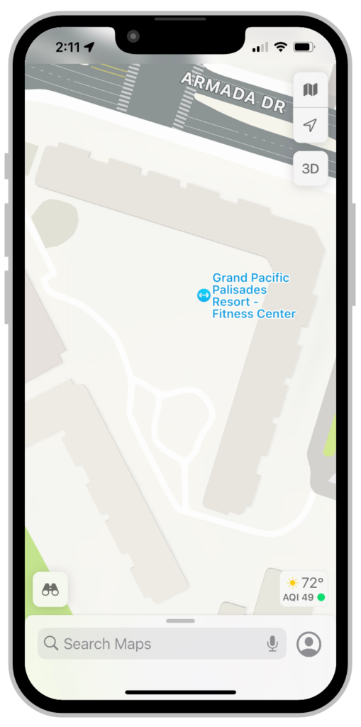 Apple Maps on iPhone displaying the Cassara Hotel in Carlsbad, California