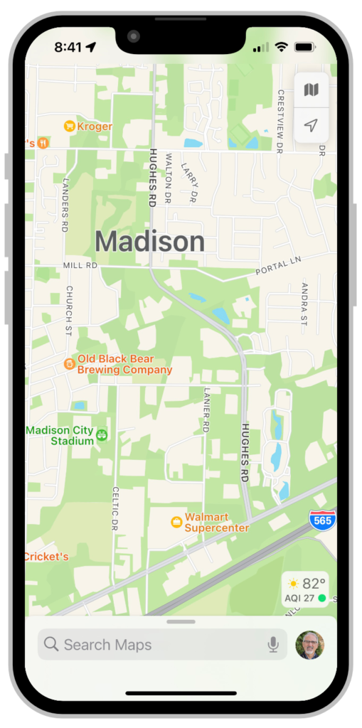 Apple Maps view of Madison, Alabama on an iPhone