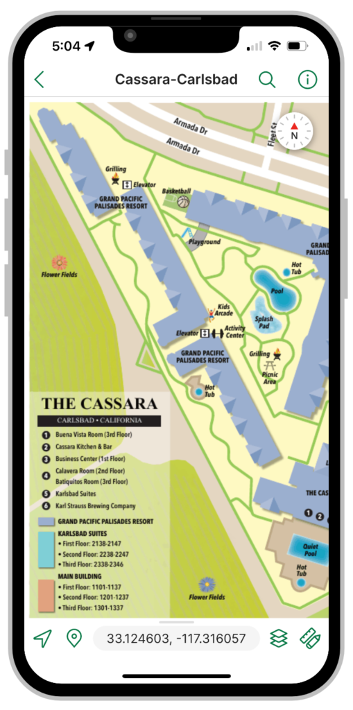iPhone displaying a custom map of the Cassara Hotel in Carlsbad, California
