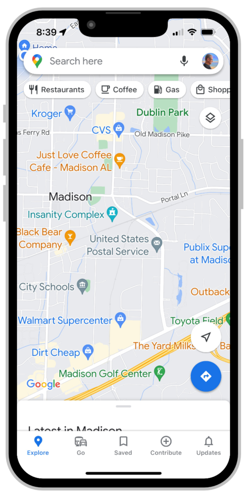 Google Maps view of Madison, Alabama on an iPhone