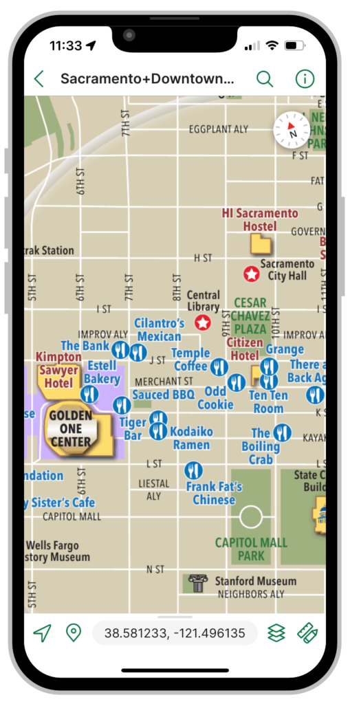 iPhone displaying a custom map of Downtown Sacramento, California