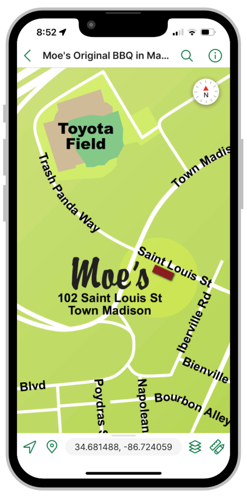 A map of Moe's in Madison, Alabama shown on an iPhone using the Avenza Maps app.