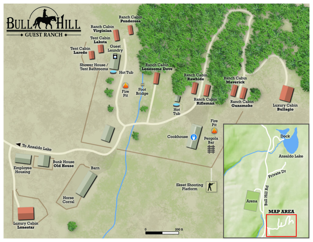 Map of the Bull Hill Guest Ranch featuring a naturalistic background.